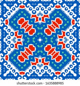 Traditional ornate mexican talavera. Hand drawn design. Vector seamless pattern watercolor. Red abstract background for web backdrop, print, pillows, surface texture, wallpaper, towels.