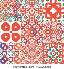 Traditional ornate mexican talavera. Kit of vector seamless patterns. Universal design. Red abstract backgrounds for web backdrop, print, pillows, surface texture, wallpaper, towels.
