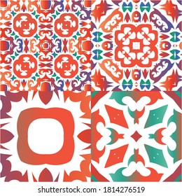 Traditional ornate mexican talavera. Kit of vector seamless patterns. Fashionable design. Red abstract backgrounds for web backdrop, print, pillows, surface texture, wallpaper, towels.