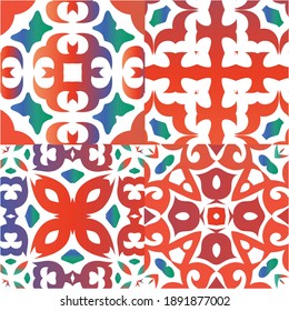 Traditional ornate mexican talavera. Kit of vector seamless patterns. Universal design. Red abstract backgrounds for web backdrop, print, pillows, surface texture, wallpaper, towels.