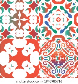 Traditional ornate mexican talavera. Kitchen design. Set of vector seamless patterns. Red abstract backgrounds for web backdrop, print, pillows, surface texture, wallpaper, towels.