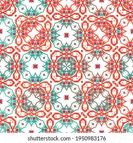 Traditional ornate mexican talavera. Kitchen design. Vector seamless pattern arabesque. Red abstract background for web backdrop, print, pillows, surface texture, wallpaper, towels.