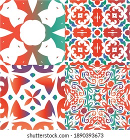 Traditional ornate mexican talavera. Modern design. Kit of vector seamless patterns. Red abstract backgrounds for web backdrop, print, pillows, surface texture, wallpaper, towels.