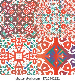 Traditional ornate mexican talavera. Original design. Set of vector seamless patterns. Red abstract backgrounds for web backdrop, print, pillows, surface texture, wallpaper, towels.