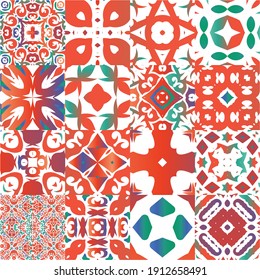 Traditional ornate mexican talavera. Original design. Collection of vector seamless patterns. Red abstract backgrounds for web backdrop, print, pillows, surface texture, wallpaper, towels.