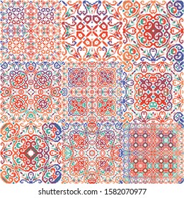 Traditional ornate mexican talavera. Set of vector seamless patterns. Original design. Red abstract backgrounds for web backdrop, print, pillows, surface texture, wallpaper, towels.