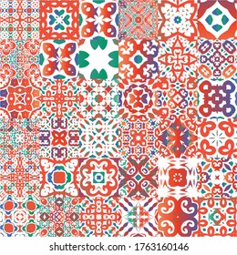 Traditional ornate mexican talavera. Set of vector seamless patterns. Stylish design. Red abstract backgrounds for web backdrop, print, pillows, surface texture, wallpaper, towels.