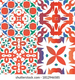 Traditional ornate mexican talavera. Set of vector seamless patterns. Modern design. Red abstract backgrounds for web backdrop, print, pillows, surface texture, wallpaper, towels.