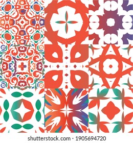 Traditional ornate mexican talavera. Set of vector seamless patterns. Modern design. Red abstract backgrounds for web backdrop, print, pillows, surface texture, wallpaper, towels.