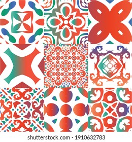 Traditional ornate mexican talavera. Set of vector seamless patterns. Kitchen design. Red abstract backgrounds for web backdrop, print, pillows, surface texture, wallpaper, towels.