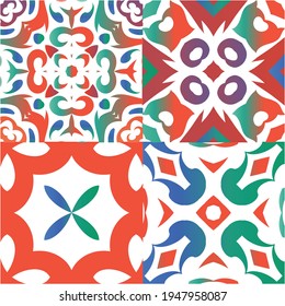 Traditional ornate mexican talavera. Set of vector seamless patterns. Creative design. Red abstract backgrounds for web backdrop, print, pillows, surface texture, wallpaper, towels.