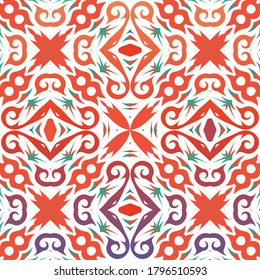 Traditional ornate mexican talavera. Stylish design. Vector seamless pattern texture. Red abstract background for web backdrop, print, pillows, surface texture, wallpaper, towels.