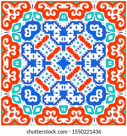 Traditional ornate mexican talavera. Vector seamless pattern frame. Stylish design. Red abstract background for web backdrop, print, pillows, surface texture, wallpaper, towels.