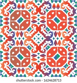 Traditional ornate mexican talavera. Vector seamless pattern flyer. Fashionable design. Red abstract background for web backdrop, print, pillows, surface texture, wallpaper, towels.