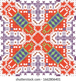 Traditional ornate mexican talavera. Vector seamless pattern elements. Modern design. Red abstract background for web backdrop, print, pillows, surface texture, wallpaper, towels.