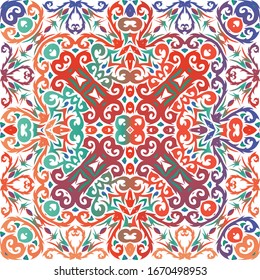 Traditional ornate mexican talavera. Vector seamless pattern trellis. Original design. Red abstract background for web backdrop, print, pillows, surface texture, wallpaper, towels.