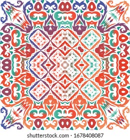 Traditional ornate mexican talavera. Vector seamless pattern concept. Geometric design. Red abstract background for web backdrop, print, pillows, surface texture, wallpaper, towels.