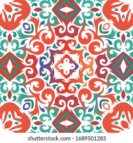 Traditional ornate mexican talavera. Vector seamless pattern watercolor. Bathroom design. Red abstract background for web backdrop, print, pillows, surface texture, wallpaper, towels.