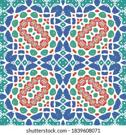 Traditional ornate mexican talavera. Vector seamless pattern elements. Modern design. Red abstract background for web backdrop, print, pillows, surface texture, wallpaper, towels.