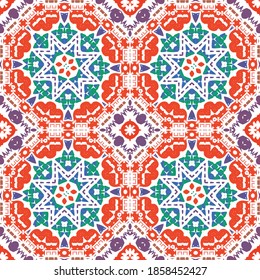 Traditional ornate mexican talavera. Vector seamless pattern elements. Modern design. Red abstract background for web backdrop, print, pillows, surface texture, wallpaper, towels.
