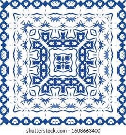 Traditional ornate portuguese azulejo. Bathroom design. Vector seamless pattern texture. Blue abstract background for web backdrop, print, pillows, surface texture, wallpaper, towels.