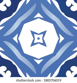 Traditional ornate portuguese azulejo. Bathroom design. Vector seamless pattern watercolor. Blue abstract background for web backdrop, print, pillows, surface texture, wallpaper, towels.