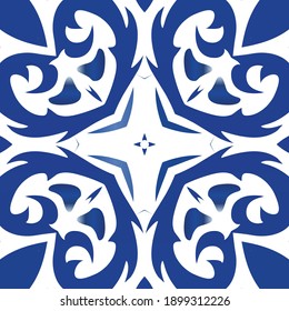 Traditional ornate portuguese azulejo. Bathroom design. Vector seamless pattern trellis. Blue abstract background for web backdrop, print, pillows, surface texture, wallpaper, towels.