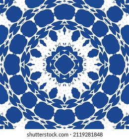 Traditional ornate portuguese azulejo. Bathroom design. Vector seamless pattern illustration. Blue abstract background for web backdrop, print, pillows, surface texture, wallpaper, towels.