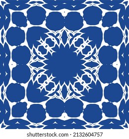 Traditional ornate portuguese azulejo. Bathroom design. Vector seamless pattern illustration. Blue abstract background for web backdrop, print, pillows, surface texture, wallpaper, towels.