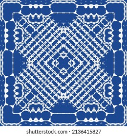 Traditional ornate portuguese azulejo. Bathroom design. Vector seamless pattern illustration. Blue abstract background for web backdrop, print, pillows, surface texture, wallpaper, towels.