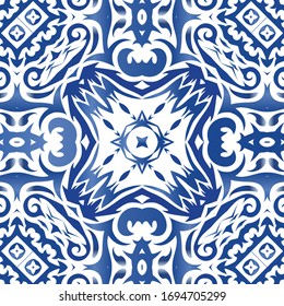Traditional ornate portuguese azulejo. Colored design. Vector seamless pattern trellis. Blue abstract background for web backdrop, print, pillows, surface texture, wallpaper, towels.