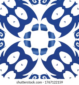 Traditional ornate portuguese azulejo. Colored design. Vector seamless pattern illustration. Blue abstract background for web backdrop, print, pillows, surface texture, wallpaper, towels.