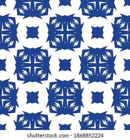 Traditional ornate portuguese azulejo. Colored design. Vector seamless pattern theme. Blue abstract background for web backdrop, print, pillows, surface texture, wallpaper, towels.