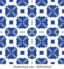 Traditional ornate portuguese azulejo. Colored design. Vector seamless pattern theme. Blue abstract background for web backdrop, print, pillows, surface texture, wallpaper, towels.