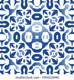 Traditional ornate portuguese azulejo. Colored design. Vector seamless pattern poster. Blue abstract background for web backdrop, print, pillows, surface texture, wallpaper, towels.