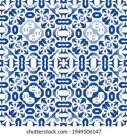 Traditional ornate portuguese azulejo. Colored design. Vector seamless pattern poster. Blue abstract background for web backdrop, print, pillows, surface texture, wallpaper, towels.