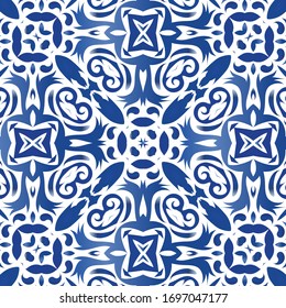 Traditional ornate portuguese azulejo. Creative design. Vector seamless pattern theme. Blue abstract background for web backdrop, print, pillows, surface texture, wallpaper, towels.