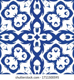 Azulejo tradicional portugués. Diseño creativo. Marco de patrón sin fisuras del vector. Fondo abstracto azul para telón de fondo web, impresión, almohadas, textura superficial, papel pintado, toallas.