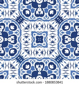 Traditional ornate portuguese azulejo. Creative design. Vector seamless pattern watercolor. Blue abstract background for web backdrop, print, pillows, surface texture, wallpaper, towels.