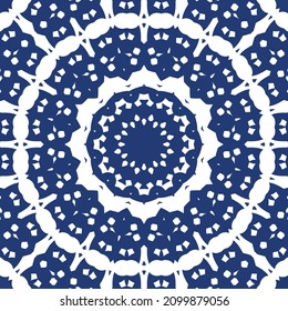 Traditional ornate portuguese azulejo. Creative design. Vector seamless pattern concept. Blue abstract background for web backdrop, print, pillows, surface texture, wallpaper, towels.