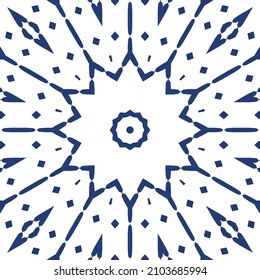 Traditional ornate portuguese azulejo. Creative design. Vector seamless pattern concept. Blue abstract background for web backdrop, print, pillows, surface texture, wallpaper, towels.