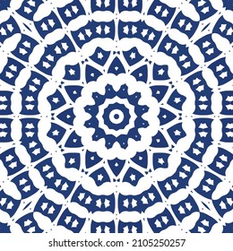 Traditional ornate portuguese azulejo. Creative design. Vector seamless pattern concept. Blue abstract background for web backdrop, print, pillows, surface texture, wallpaper, towels.