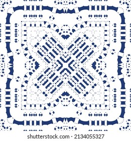 Traditional ornate portuguese azulejo. Creative design. Vector seamless pattern concept. Blue abstract background for web backdrop, print, pillows, surface texture, wallpaper, towels.