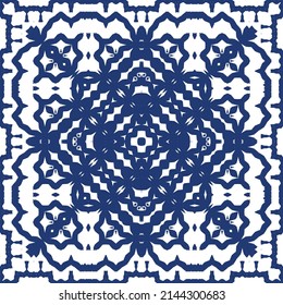 Traditional ornate portuguese azulejo. Creative design. Vector seamless pattern concept. Blue abstract background for web backdrop, print, pillows, surface texture, wallpaper, towels.