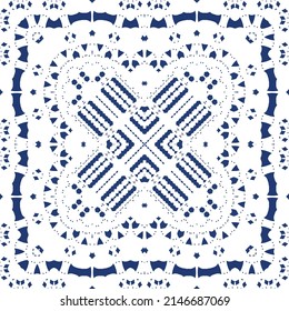Traditional ornate portuguese azulejo. Creative design. Vector seamless pattern concept. Blue abstract background for web backdrop, print, pillows, surface texture, wallpaper, towels.