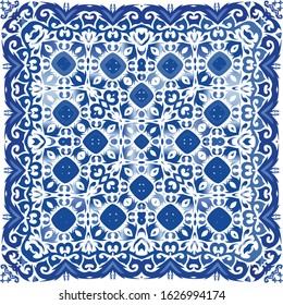 Traditional ornate portuguese azulejo. Fashionable design. Vector seamless pattern arabesque. Blue abstract background for web backdrop, print, pillows, surface texture, wallpaper, towels.