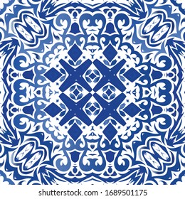 Traditional ornate portuguese azulejo. Fashionable design. Vector seamless pattern flyer. Blue abstract background for web backdrop, print, pillows, surface texture, wallpaper, towels.