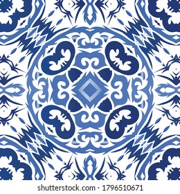 Traditional ornate portuguese azulejo. Fashionable design. Vector seamless pattern texture. Blue abstract background for web backdrop, print, pillows, surface texture, wallpaper, towels.