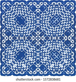Traditional ornate portuguese azulejo. Geometric design. Vector seamless pattern collage. Blue abstract background for web backdrop, print, pillows, surface texture, wallpaper, towels.