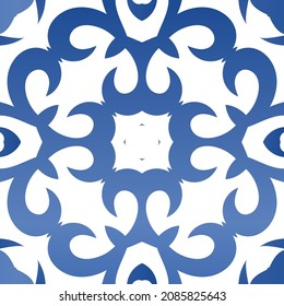 Traditional ornate portuguese azulejo. Geometric design. Vector seamless pattern arabesque. Blue abstract background for web backdrop, print, pillows, surface texture, wallpaper, towels.